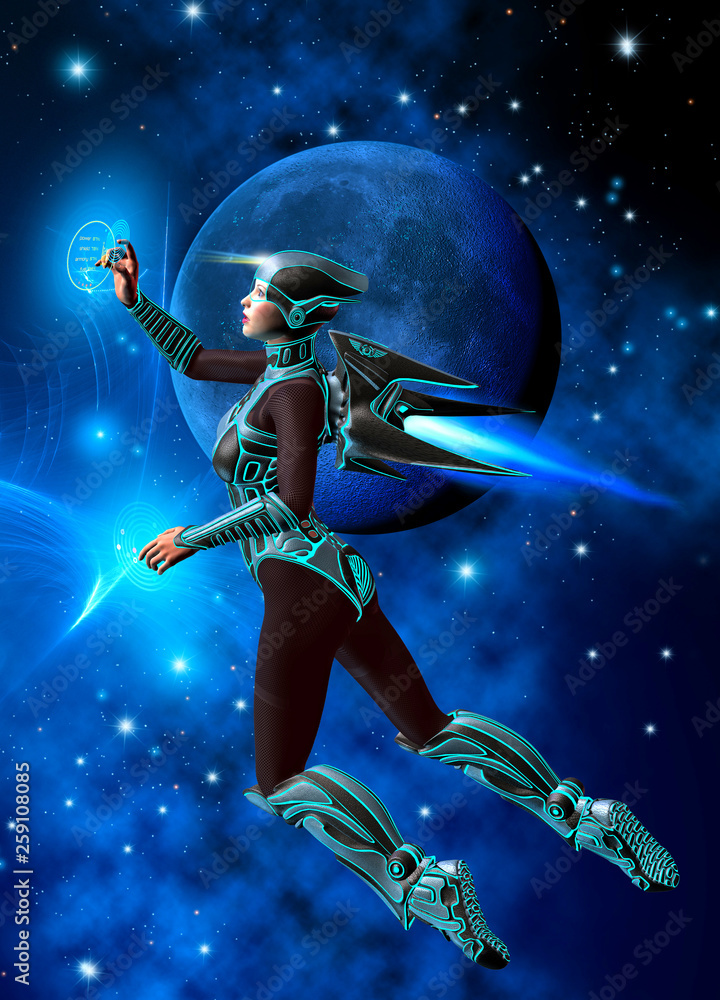 futuristic woman soldier, flying in space and working with holographic computer, 3d illustration