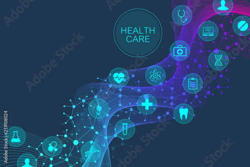 Abstract geometric medicine and science concept background. Healthcare and medical icons pattern with molecule, DNA, wave flow. Medical innovation technology. Pharmacy banner. Vector illustration