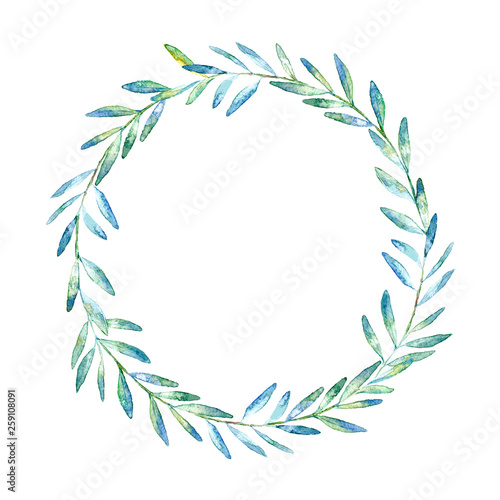 Fototapeta Naklejka Na Ścianę i Meble -  Floral wreath.Garland with pistachio branches.Watercolor hand drawn illustration.It can be used for greeting cards, posters, wedding cards.White background.