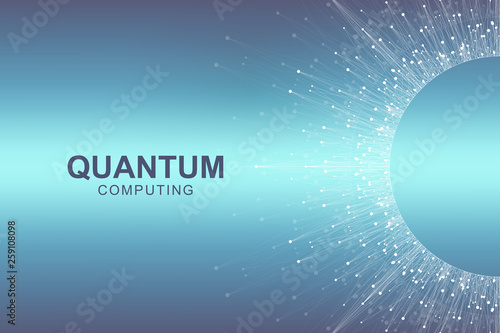 Quantum computer technology concept. Deep learning artificial intelligence. Big data algorithms visualization for business, science, technology. Waves flow, dots, lines. Quantum vector illustration