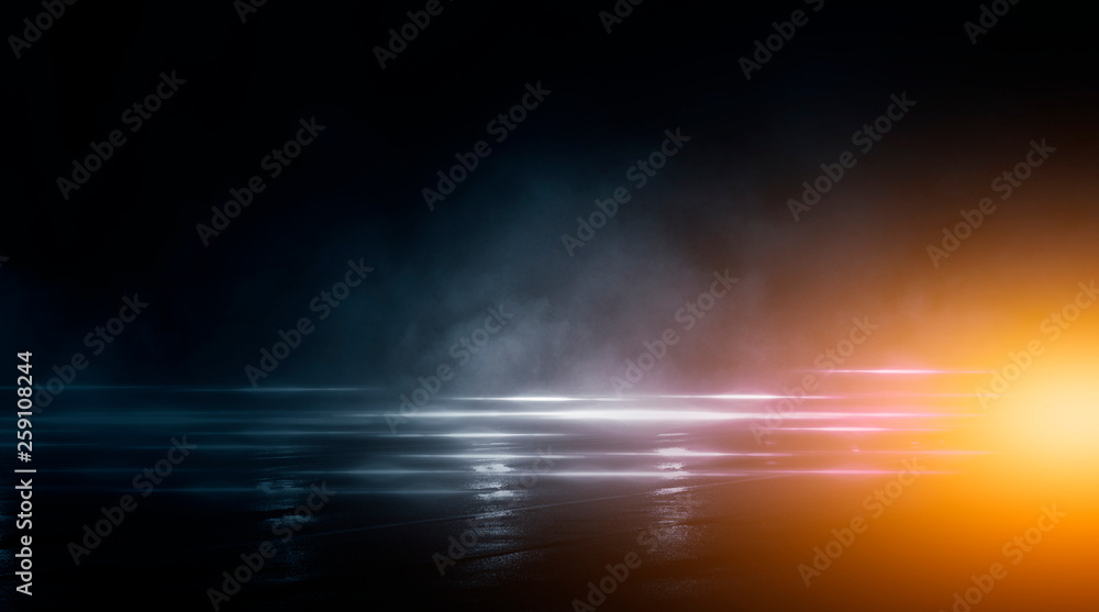 Wet asphalt, reflection of neon lights, a searchlight, smoke. Abstract light in a dark empty street with smoke, smog. Dark background scene of empty street, night view, night city.