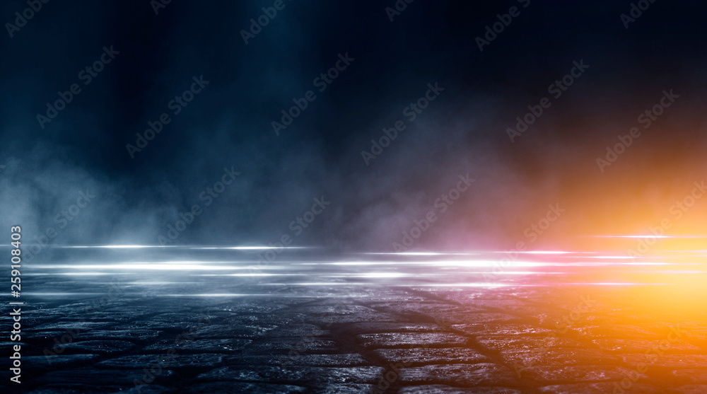 Wet asphalt, reflection of neon lights, a searchlight, smoke. Abstract light in a dark empty street with smoke, smog. Dark background scene of empty street, night view, night city.