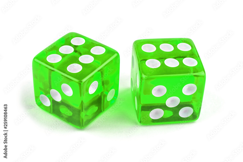 Two green glass dice isolated on white background. Six and six. Two green glass dice isolated on white background. Six and six.