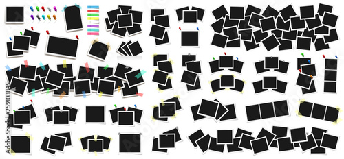 Mega pack of realistic vector photo frames on sticky tape, pins and rivets. Template photo design. Colored metal pins and paper stickers set. Isolated on white background. Vector illustration