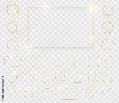 Mega pack of gold shiny glowing frames isolated on transparent background. Pack of luxury realistic square, rectangle, round, oval, triangle borders. Decorative golden luxury line borders. Vector
