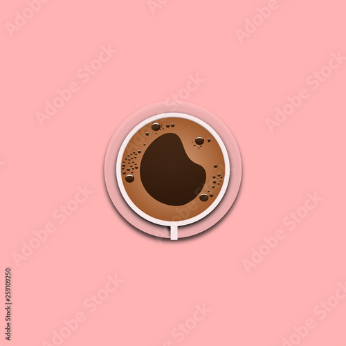 Coffee cup with froth top view for design poster on pink background. vector illustration.