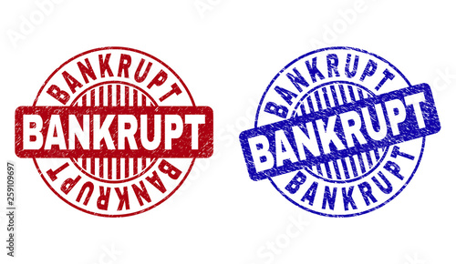 Grunge BANKRUPT round stamp seals isolated on a white background. Round seals with grunge texture in red and blue colors. Vector rubber imprint of BANKRUPT text inside circle form with stripes.