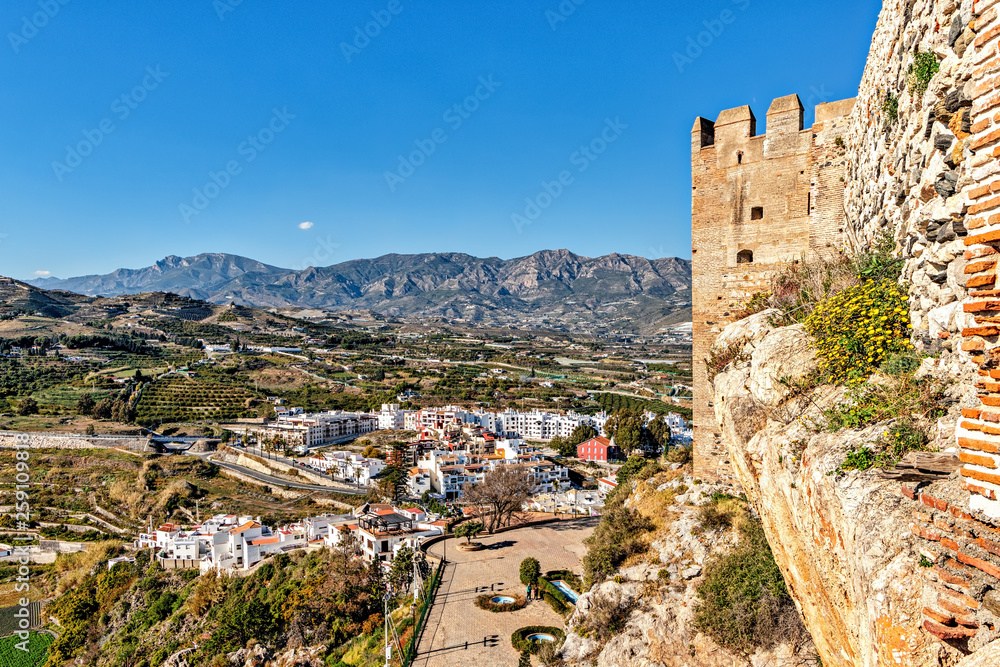 View from atop historic Salobreña castle on the Mediterranean coast of Spain.