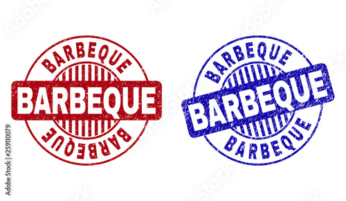 Grunge BARBEQUE round stamp seals isolated on a white background. Round seals with grunge texture in red and blue colors. Vector rubber watermark of BARBEQUE label inside circle form with stripes.