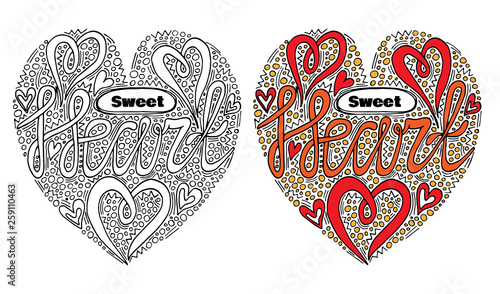 Vector colorful heart form with Sweet heart text for coloring book