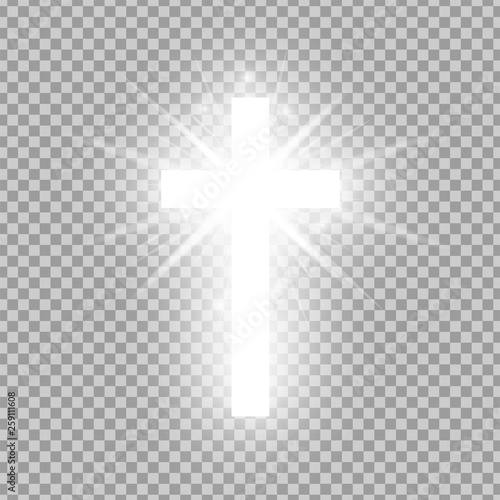 Shining white cross isolated on transparent background. Riligious symbol. Glowing Saint cross. Easter and Christmas sign. Vector illustration