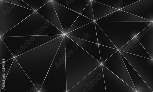 Black premium background with luxury dark polygonal pattern and silver triangle lines. Low poly gradient shapes luxury silver platinum lines vector. Rich background for poster premium triangles design