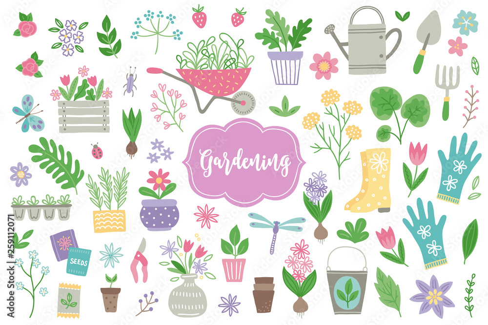 Gardening design elements - flowers, pot, shovel, rake, gumboots, gloves, sprout Gardening design elements - flowers, pot, shovel, rake, gumboots, gloves, sprout