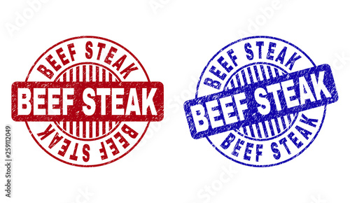 Grunge BEEF STEAK round stamp seals isolated on a white background. Round seals with grunge texture in red and blue colors.