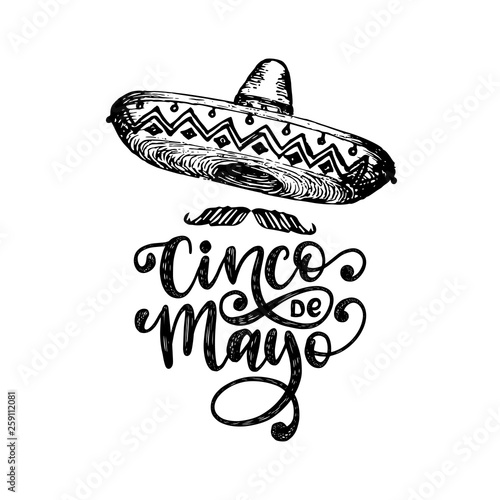 Cinco De Mayo, hand lettering. Translation from Spanish 5 May. Vector calligraphy with illustration of sombrero.