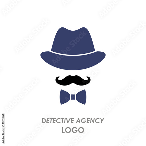 silhouette hat, mustache, bow tie, logo detective agency. flat vector illustration isolated