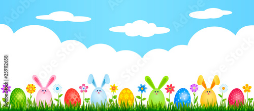 funny easter bunnies eggs on green grass with flowers. easter and spring concept. vector illustration