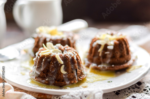 Chocolate muffins with almonds and condensed milk.