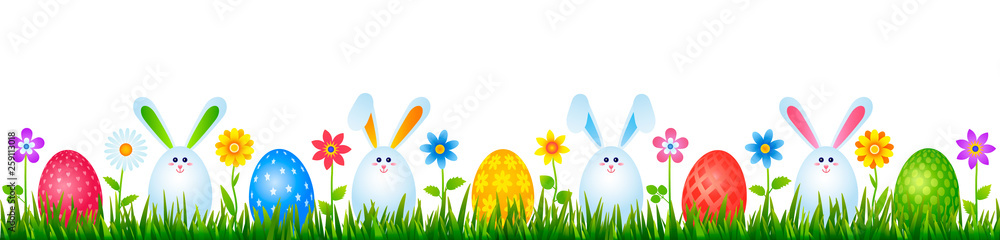 Fototapeta premium funny easter bunnies eggs on green grass with flowers. easter and spring concept. vector illustration
