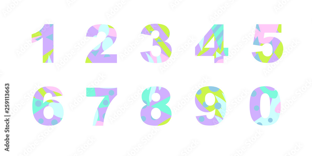 Collection of numbers with bright abstract texture. Good for any printed products, textile, invitation for a holiday and other types of design. Collection of numbers with bright abstract texture. Good for any printed products, textile, invitation for a holiday and other types of design.