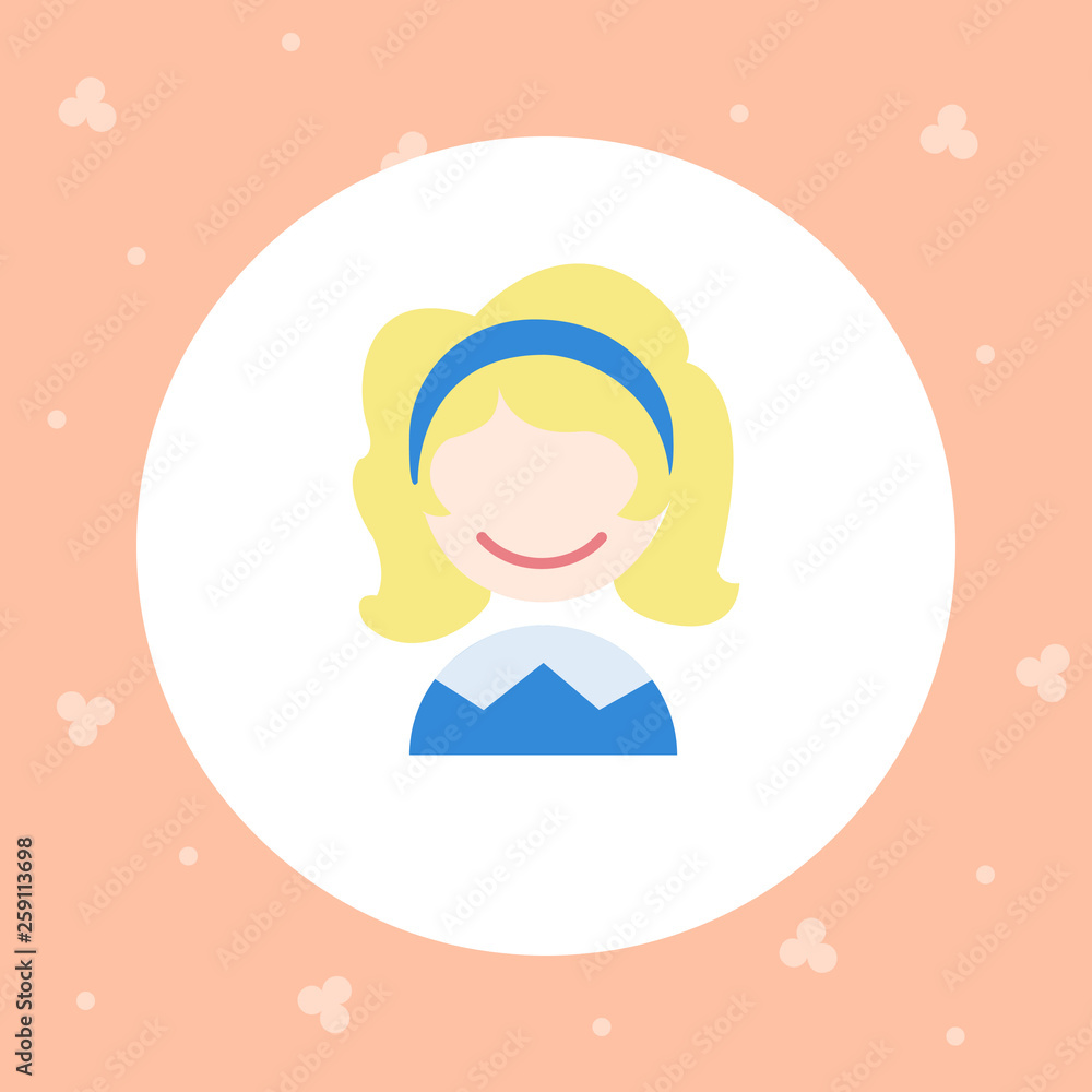 Girl face icon. Bright cartoon avatar for the Internet, sticker, stripes, typography