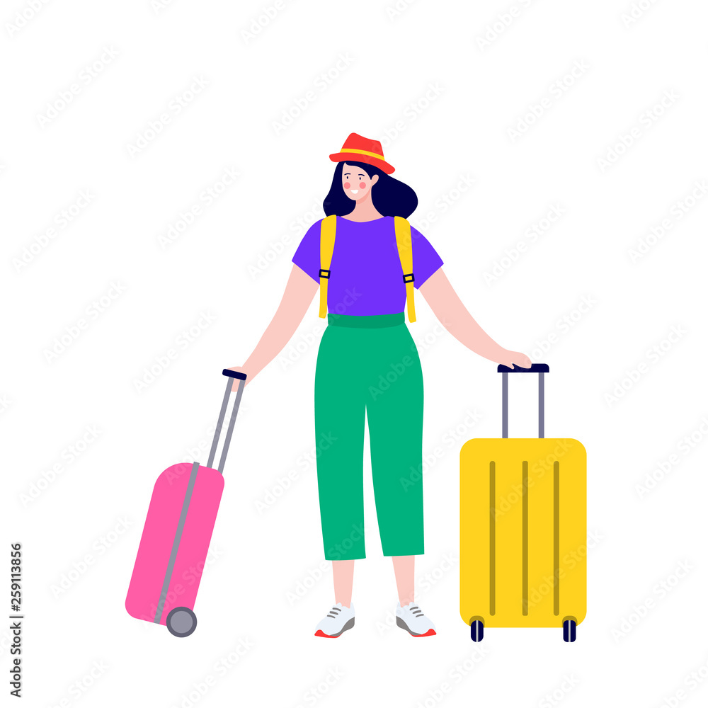 Happy young couple with Luggage on Arrival and Departure. Man and Woman Characters Traveling. Newlyweds at the airport fly on a journey with suitcases . Happy young couple with Luggage on Arrival and Departure. Man and Woman Characters Traveling. Newlyweds at the airport fly on a journey with suitcases .