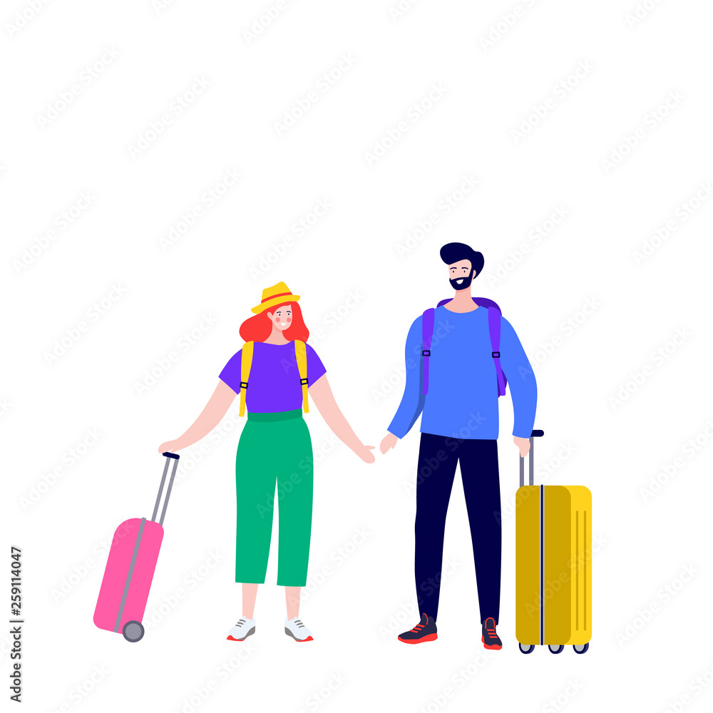 Happy young couple with Luggage on Arrival and Departure. Newlyweds at the airport fly on a journey with suitcases . Cartoon Flat Vector Illustration Happy young couple with Luggage on Arrival and Departure. Newlyweds at the airport fly on a journey with suitcases . Cartoon Flat Vector Illustration