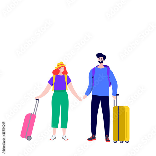 Happy young couple with Luggage on Arrival and Departure. Newlyweds at the airport fly on a journey with suitcases . Cartoon Flat Vector Illustration