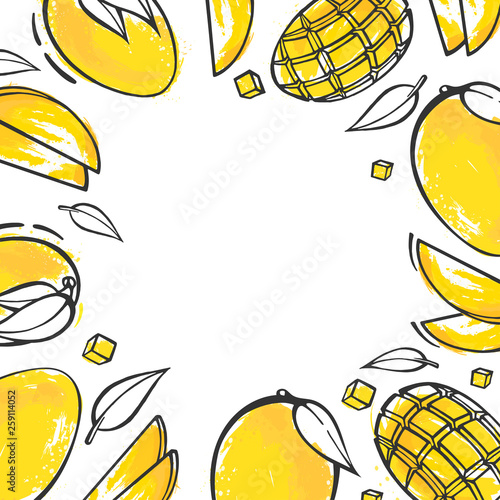 Yellow mango background in sketch style. Exotic fruits doodle