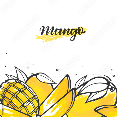 Yellow mango exotic fruit in doodle style. Isolated vector illustration with calligraphy.