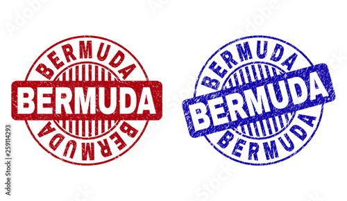 Grunge BERMUDA round stamp seals isolated on a white background. Round seals with distress texture in red and blue colors. Vector rubber imprint of BERMUDA title inside circle form with stripes.