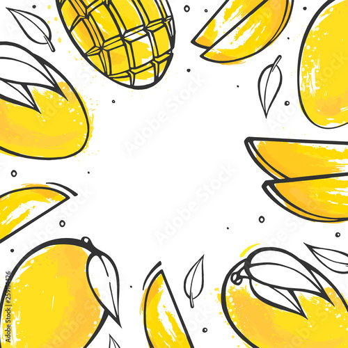 Yellow mango background in sketch style. Exotic fruits doodle