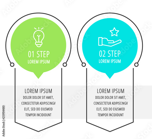 Modern vector flat illustration. Infographic circles template with two elements, shapes, icons. Timeline designed for business, presentations, web design, interface, education, diagrams with 2 steps