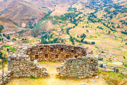 Inca fortress ruins Pisaq in Urubamba river Sacred Valley, Peru, South America