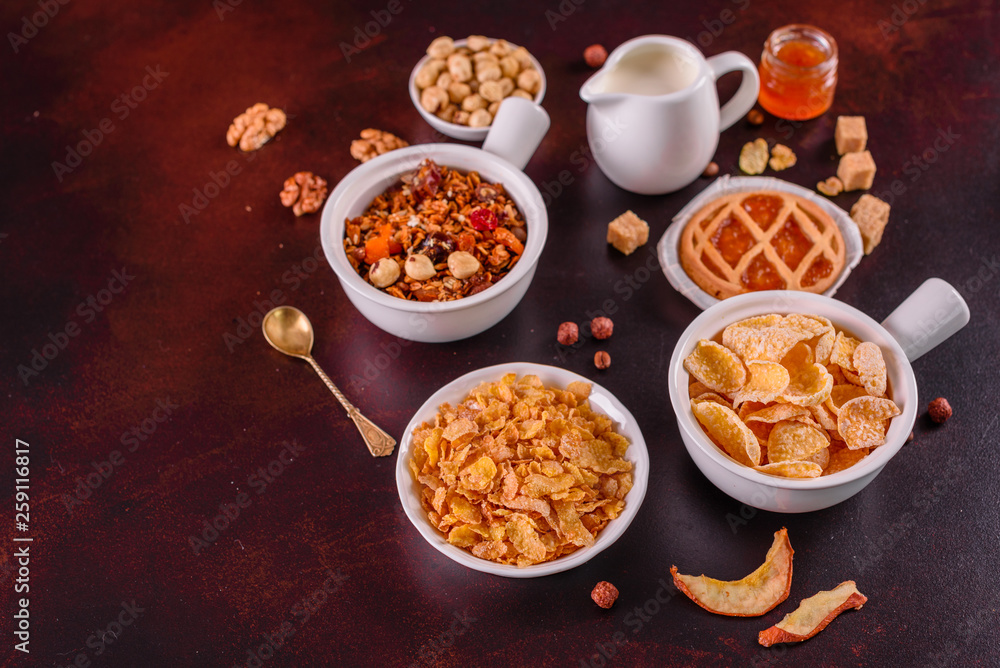 Tasty and useful breakfast with flakes, milk, nuts and dried fruits. The healthy food loading with energy Tasty and useful breakfast with flakes, milk, nuts and dried fruits. The healthy food loading with energy