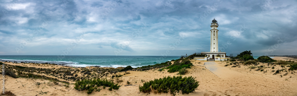 Trafalgar lighthouse gigapan with ocean, sand and cloudy sky Trafalgar lighthouse gigapan with ocean, sand and cloudy sky