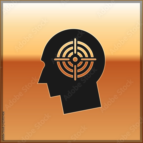 Black Head hunting concept icon isolated on gold background. Business target or Employment sign. Human resource and recruitment for business. Vector Illustration