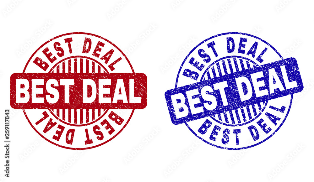 Grunge BEST DEAL round stamp seals isolated on a white background. Round seals with grunge texture in red and blue colors. Vector rubber watermark of BEST DEAL tag inside circle form with stripes. Grunge BEST DEAL round stamp seals isolated on a white background. Round seals with grunge texture in red and blue colors. Vector rubber watermark of BEST DEAL tag inside circle form with stripes.