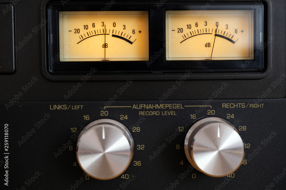 Vintage German cassette player's lit vu meter measuring left and right  cahnnel in a retro stereo hi-fi system Stock Photo | Adobe Stock