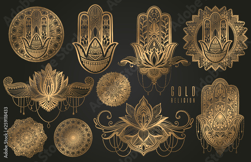 Set of religious Buddhism oriental elements of gold color. Hamsa talisman,mandala,lotus flower. Gold gradient element in black background.