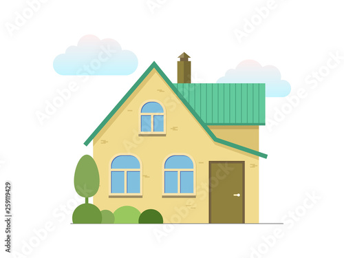 House with tree and bushes. Yellow brick wall, green roof housetop. Flat design vector architecture illustration isolated icon