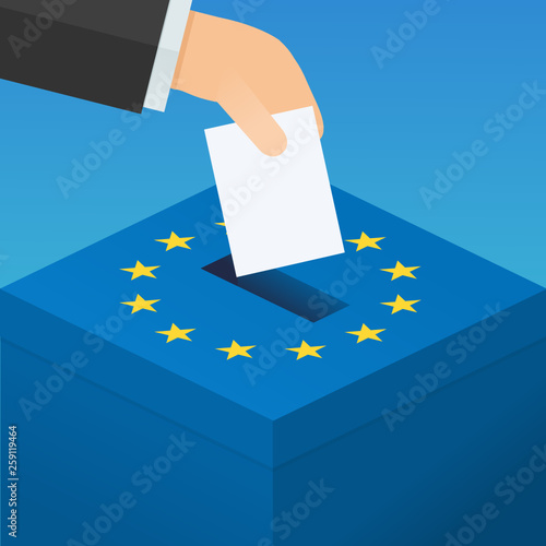 Déposer un bulletin de vote dans une urne européenne 3D isométrique (Flat design)