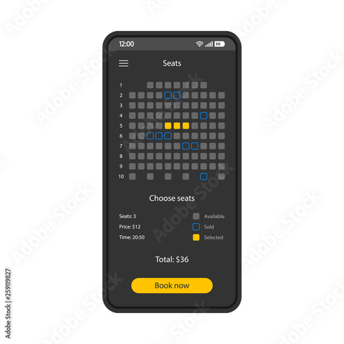 Movie seats booking smartphone interface vector template
