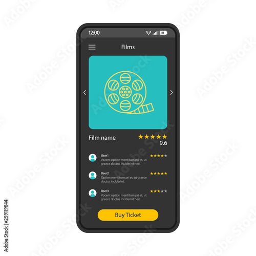 Movie tickets booking app smartphone interface vector template