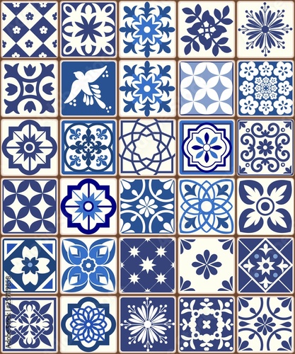 Blue Portuguese tiles pattern - Azulejos vector, fashion interior design tiles 