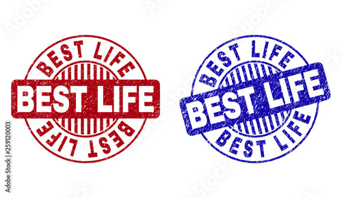 Grunge BEST LIFE round stamp seals isolated on a white background. Round seals with grunge texture in red and blue colors. Vector rubber overlay of BEST LIFE title inside circle form with stripes.