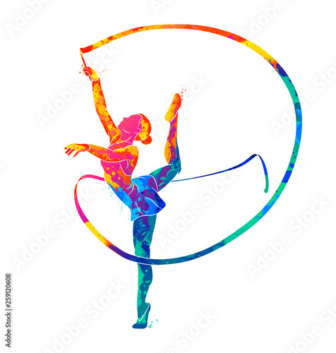Abstract girl gymnast with ribbon from splash of watercolors