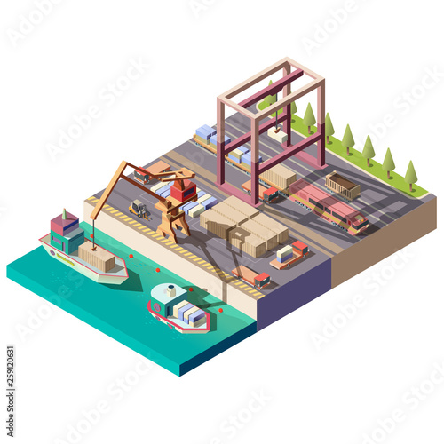 Sea port isometric vector icon with handling gantry crane on quay loading, unloading shipping container on cargo ship, trucks and train transporting freights from dock isolated on white background