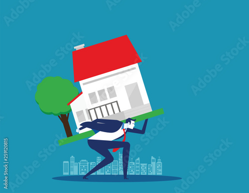 Businessman home carrying on back. Concept business vector illustration,  Loan, Risk, Debt.