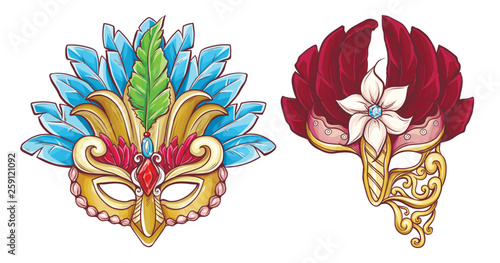 Half-face colombina mask decorated with precious stones, red ruby and colored feathers 3d realistic vector icon isolated on white background. Venetian carnival, costumed party dressing illustration